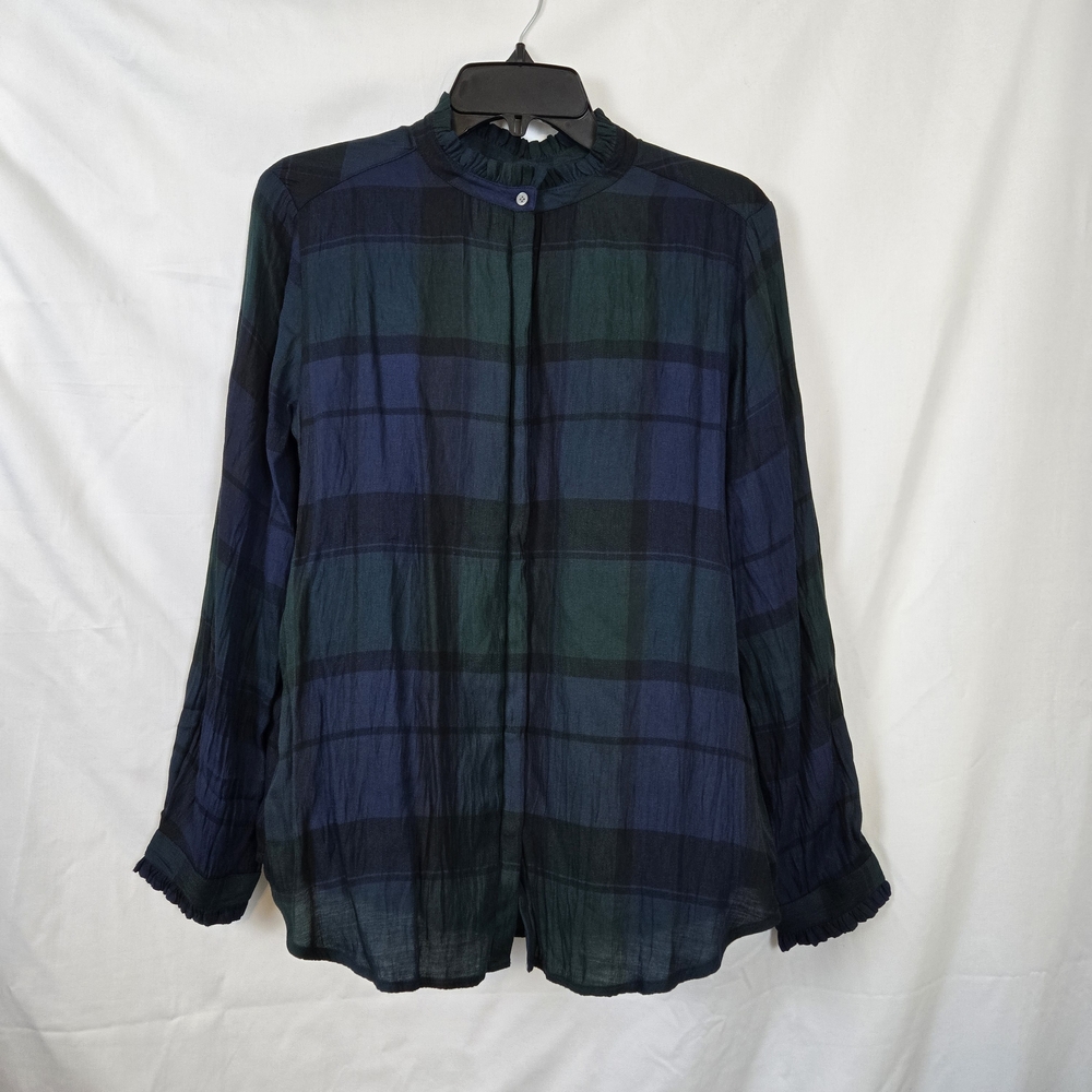 Loft Women Green Blue Plaid Tartan Ruffle Collar Long Sleeve Button Top L Petite